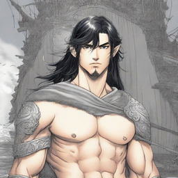 Manga Book Cover featuring a young Viking male with shoulder-length black hair and piercing grey eyes, standing in front of a Viking long ship