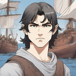 A manga book cover featuring a Viking boy with shoulder-length black hair and piercing grey eyes