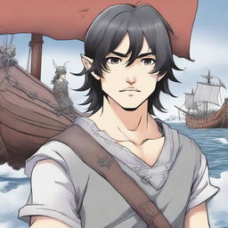 A manga book cover featuring a Viking boy with shoulder-length black hair and piercing grey eyes