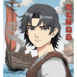 A manga book cover featuring a Viking boy with shoulder-length black hair and piercing grey eyes