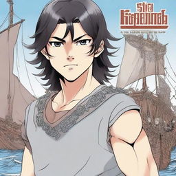 A manga book cover featuring a Viking boy with shoulder-length black hair and piercing grey eyes