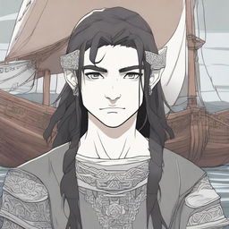 A realistic anime-style picture of a Viking boy with long black hair and piercing grey eyes, standing in front of a Viking longship