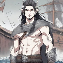 A realistic anime-style picture of a Viking boy with long black hair and piercing grey eyes, standing in front of a Viking longship