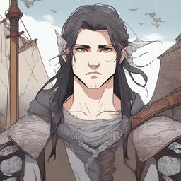 A realistic anime-style picture of a Viking boy with long black hair and piercing grey eyes, standing in front of a Viking longship