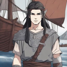 A realistic anime-style picture of a Viking boy with long black hair and piercing grey eyes, standing in front of a Viking longship