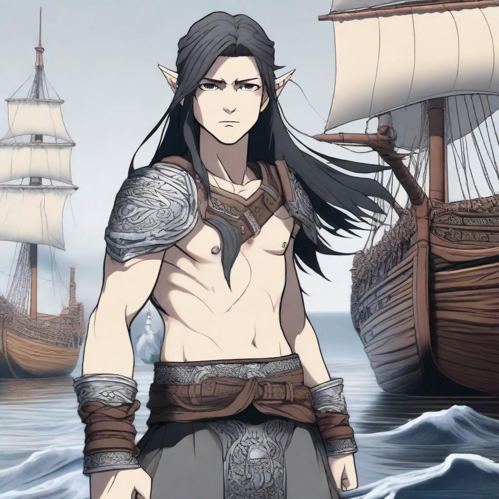 A 3D anime style picture of a Viking boy with long black hair and piercing grey eyes, standing in front of a Viking long ship