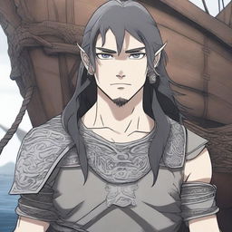 A 3D anime style picture of a Viking boy with long black hair and piercing grey eyes, standing in front of a Viking long ship