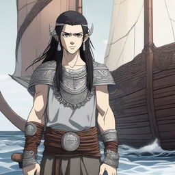 A 3D anime style picture of a Viking boy with long black hair and piercing grey eyes, standing in front of a Viking long ship