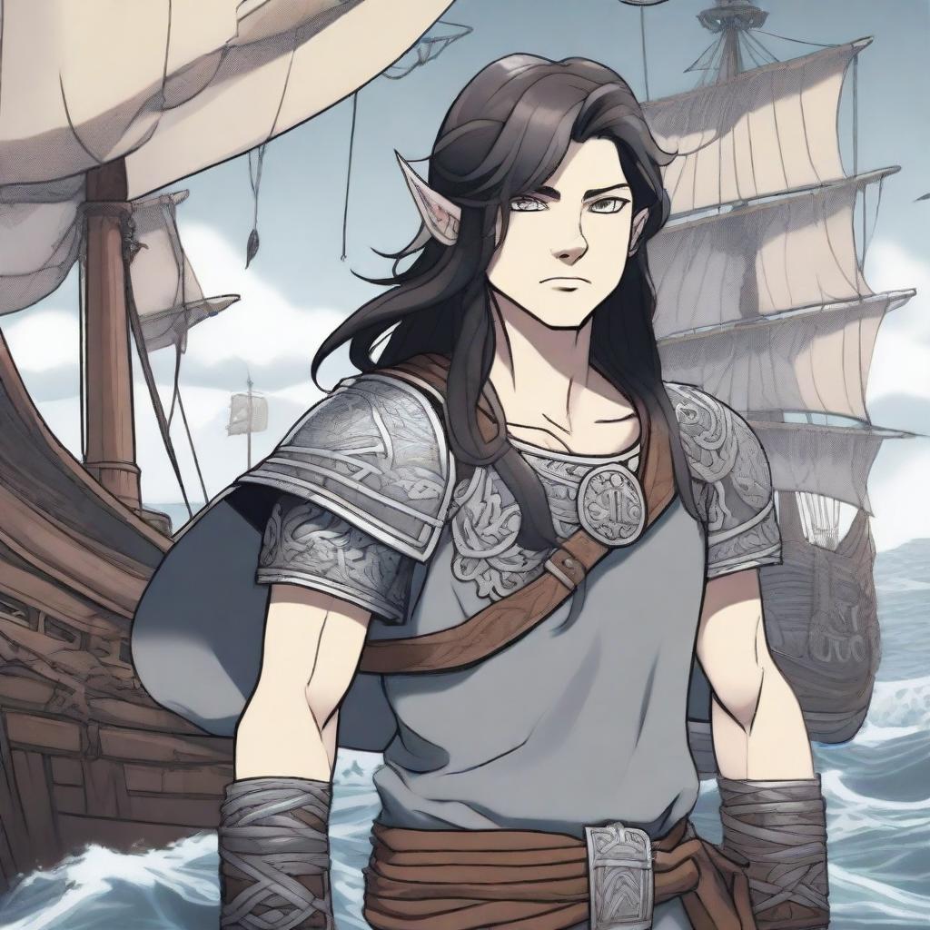 A 3D anime style picture of a Viking boy with long black hair and piercing grey eyes, standing in front of a Viking long ship