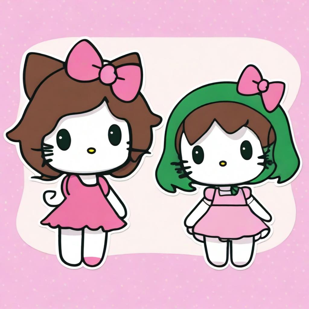 Two Hello Kitty characters, one with long straight hair and dark green eyes, and the other with short wavy hair and dark brown eyes