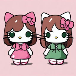 Two Hello Kitty characters, one with long straight hair and dark green eyes, and the other with short wavy hair and dark brown eyes
