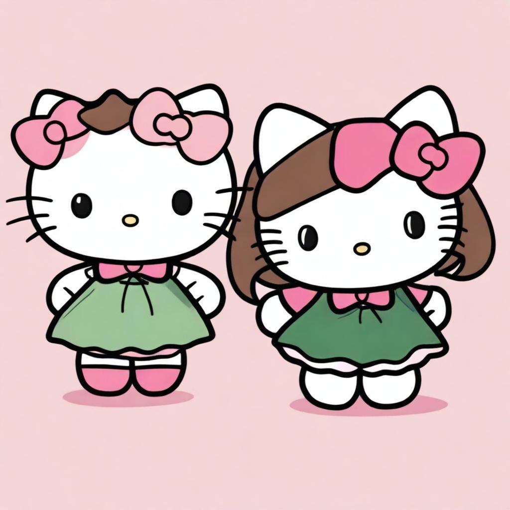 Two Hello Kitty characters, one with long straight hair and dark green eyes, and the other with short wavy hair and dark brown eyes