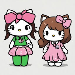 Two Hello Kitty characters, one with long straight hair and dark green eyes, and the other with short wavy hair and dark brown eyes