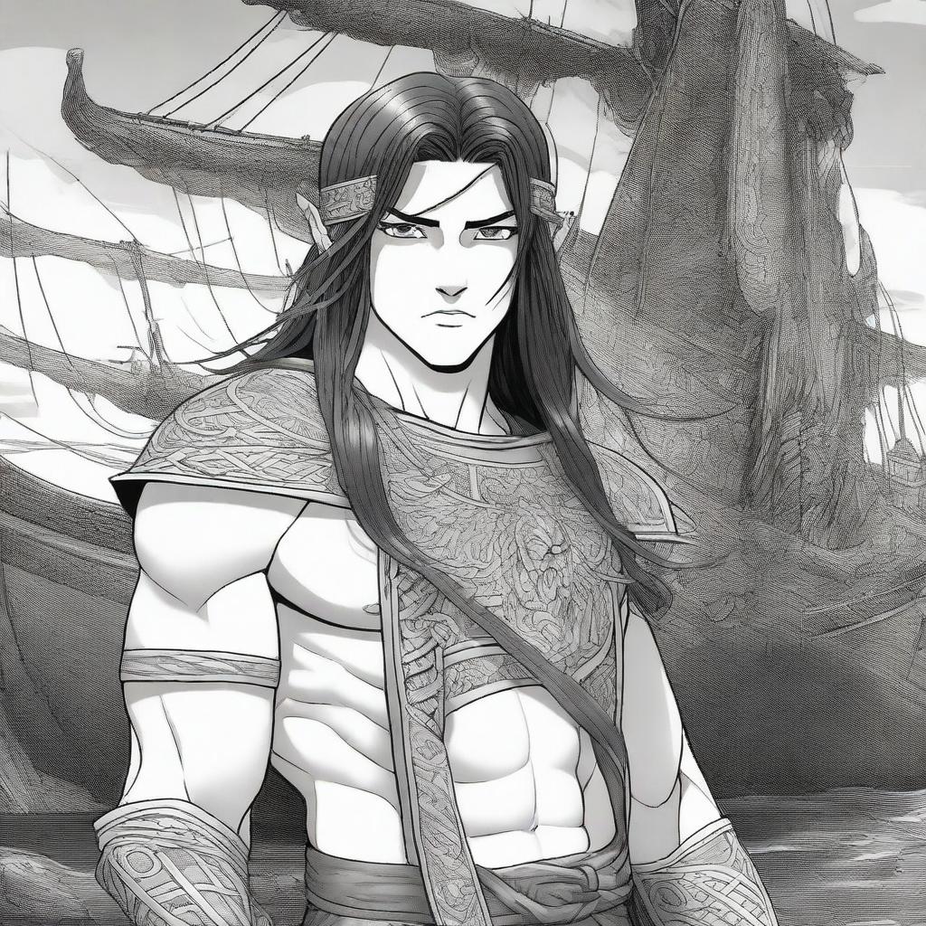 A 3D Manga style picture of a Viking boy with long black hair and piercing grey eyes, standing in front of a Viking long ship