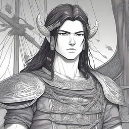 A 3D Manga style picture of a Viking boy with long black hair and piercing grey eyes, standing in front of a Viking long ship