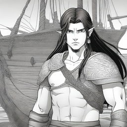 A 3D Manga style picture of a Viking boy with long black hair and piercing grey eyes, standing in front of a Viking long ship