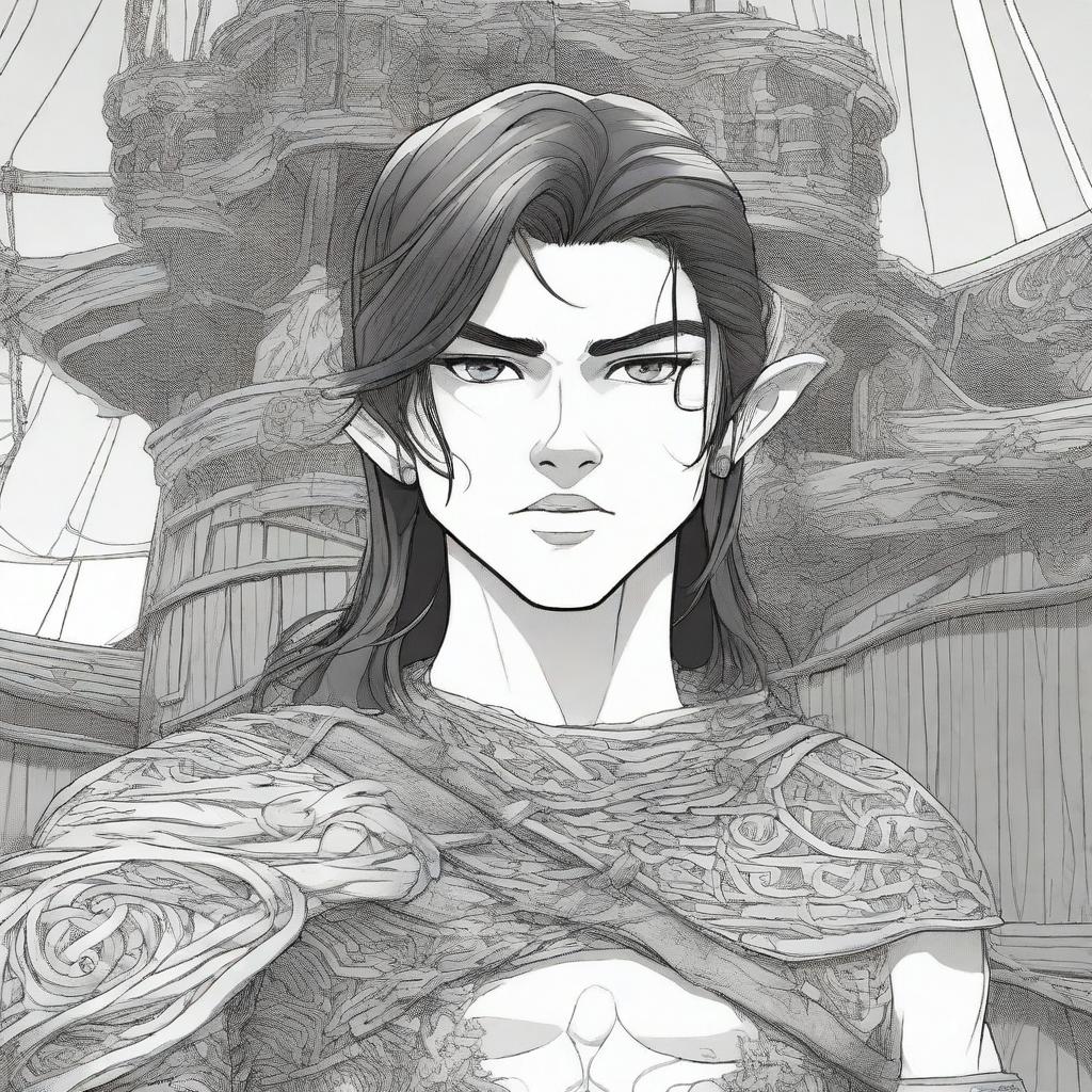 A 3D Manga style picture of a Viking boy with long black hair and piercing grey eyes, standing in front of a Viking long ship