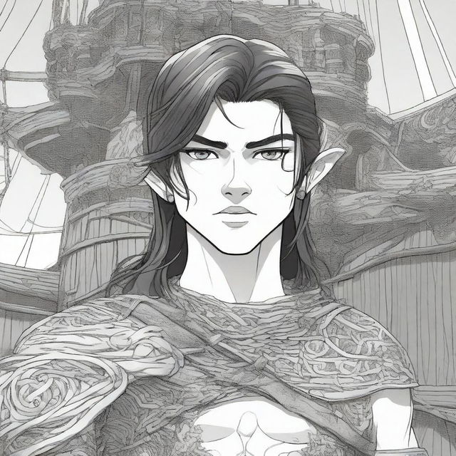 A 3D Manga style picture of a Viking boy with long black hair and piercing grey eyes, standing in front of a Viking long ship