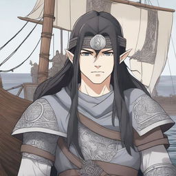 An anime-style picture of a human Viking boy with long black hair and piercing grey eyes, standing in front of a Viking long ship