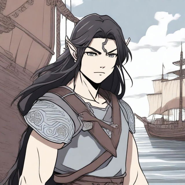 An anime-style picture of a human Viking boy with long black hair and piercing grey eyes, standing in front of a Viking long ship