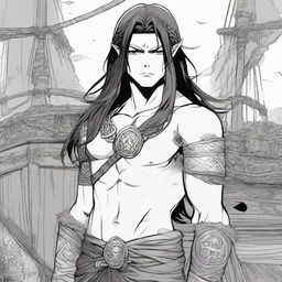 An anime-style picture of a human Viking boy with long black hair and piercing grey eyes, standing in front of a Viking long ship