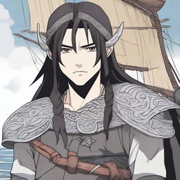 An anime-style picture of a human Viking boy with long black hair and piercing grey eyes, standing in front of a Viking long ship