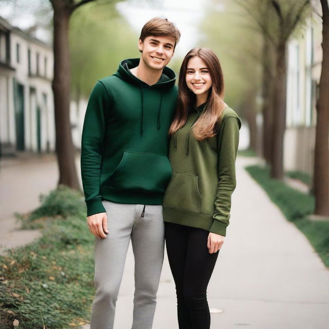 A young man with brown straight hair and brown eyes is wearing a black hoodie and grey pants