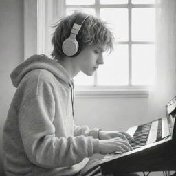 A pencil sketch of a disheveled-haired boy playing a keyboard, wearing headphones and a sweatshirt, with light reflecting through his windows, setting a mood of sadness.