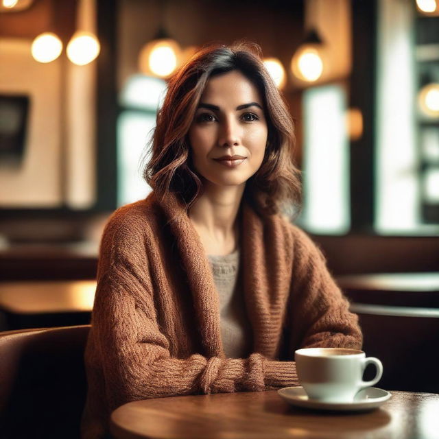 A serene image of a woman sitting alone in a cozy cafe, enjoying a cup of coffee