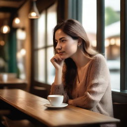 A serene image of a woman sitting alone in a cozy cafe, enjoying a cup of coffee