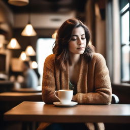 A serene image of a woman sitting alone in a cozy cafe, enjoying a cup of coffee