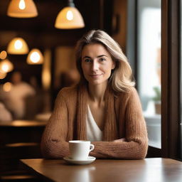 A serene image of a woman sitting alone in a cozy cafe, enjoying a cup of coffee