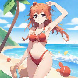 A detailed illustration of Klee from Genshin Impact wearing a swimsuit