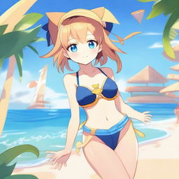 A detailed illustration of Klee from Genshin Impact wearing a swimsuit