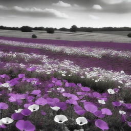 A serene field filled with black and white flowers, creating a monochromatic landscape