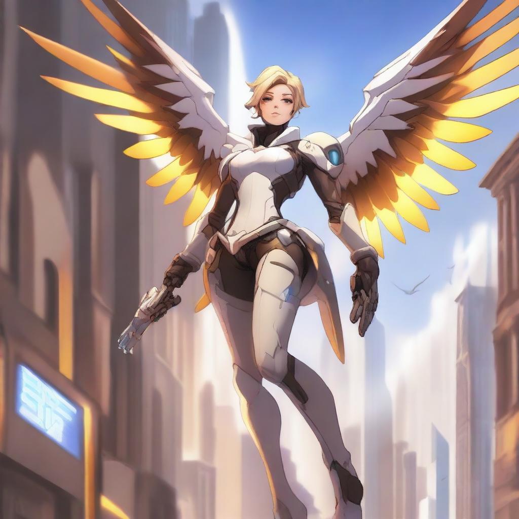 A detailed and dynamic illustration of Mercy from Overwatch in a dramatic and action-packed pose