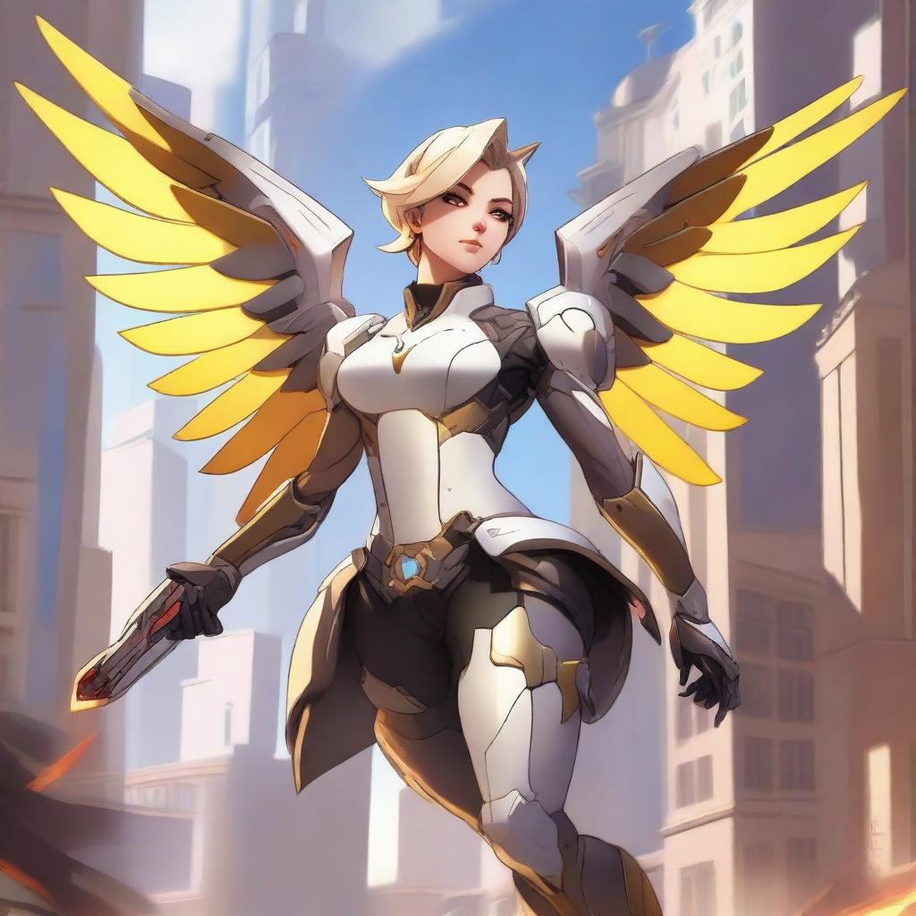 A detailed and dynamic illustration of Mercy from Overwatch in a dramatic and action-packed pose