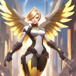 A detailed and dynamic illustration of Mercy from Overwatch in a dramatic and action-packed pose