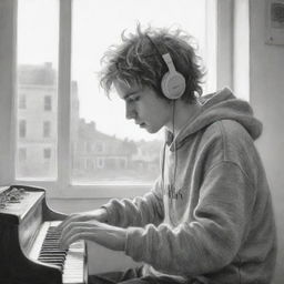 A pencil sketch of a disheveled-haired boy playing a keyboard, wearing headphones and a sweatshirt, with light reflecting through his windows, setting a mood of sadness.