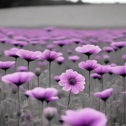 A grayscale field filled with flowers, creating a monochromatic and serene landscape