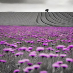 A grayscale field filled with flowers, creating a monochromatic and serene landscape