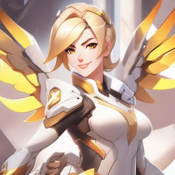 A detailed illustration of Mercy from Overwatch, depicted as an attractive and confident character