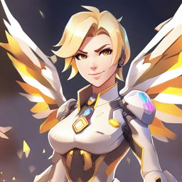 A detailed illustration of Mercy from Overwatch, depicted as an attractive and confident character