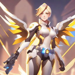 A detailed illustration of Mercy from Overwatch, depicted as an attractive and confident character