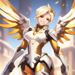 A detailed illustration of Mercy from Overwatch, depicted as an attractive and confident character