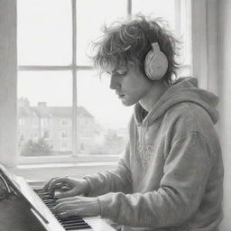 A pencil sketch of a disheveled-haired boy playing a keyboard, wearing headphones and a sweatshirt, with light reflecting through his windows, setting a mood of sadness.