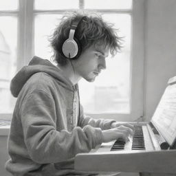 A pencil sketch of a disheveled-haired boy playing a keyboard, wearing headphones and a sweatshirt, with light reflecting through his windows, setting a mood of sadness.