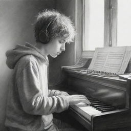 Sketchy pencil drawing of a disheveled-haired boy playing an electric organ, with headphones on his ears and wearing a hoodie. Light is streaming in through the windows, casting dramatic shadows and imbuing the scene with a sense of melancholy.