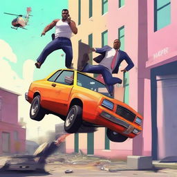 Create an image depicting a humorous and chaotic scene inspired by GTA 5 fails