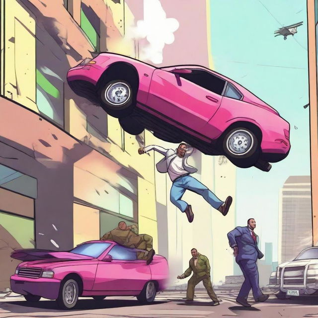 Create an image depicting a humorous and chaotic scene inspired by GTA 5 fails